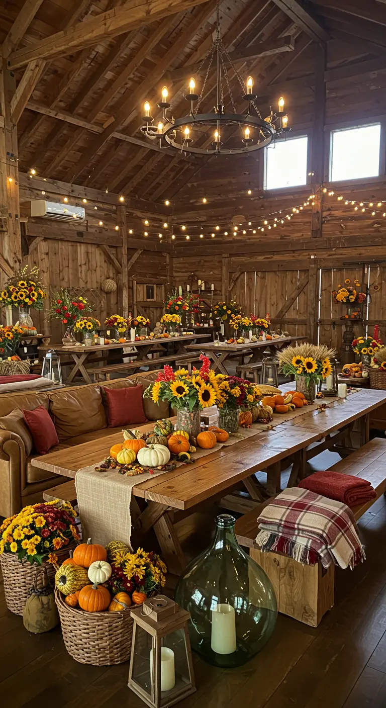 Grange aménagée pour une réception automnale avec de longues tables en bois et de nombreuses décorations.