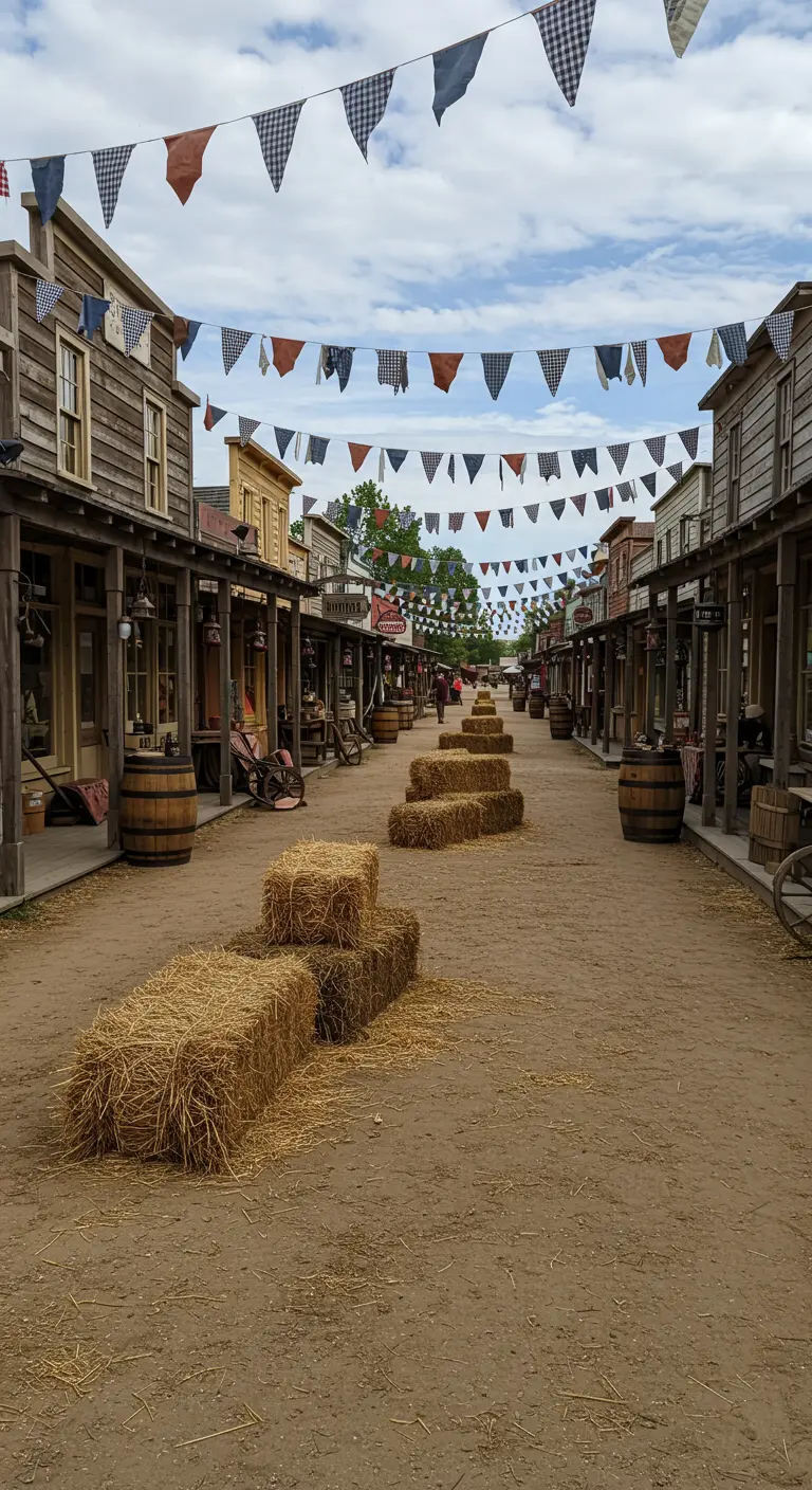 Rue de ville western avec bâtiments en bois, bottes de foin, tonneaux et guirlandes.