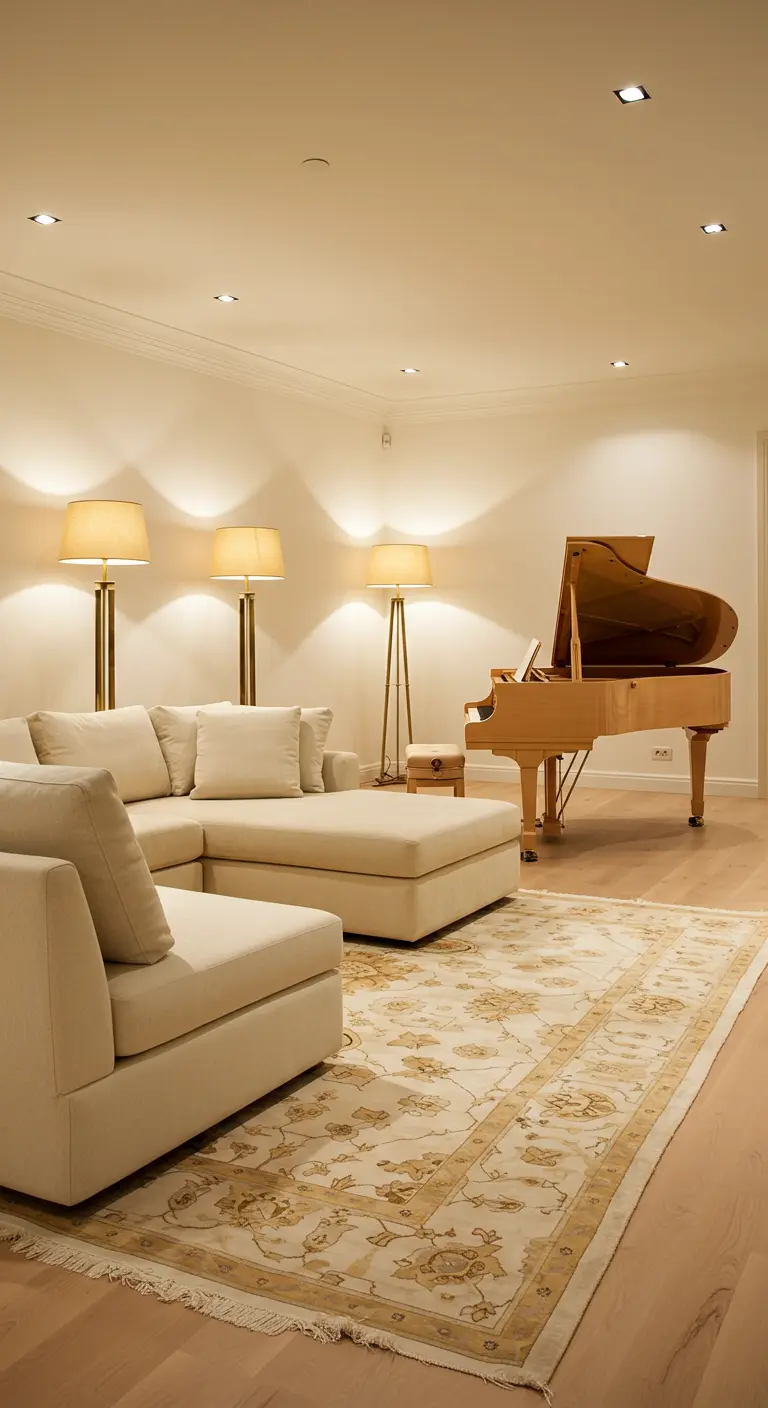 Grand salon avec canapé d'angle crème, piano, multiples lampadaires dorés, tapis orné.