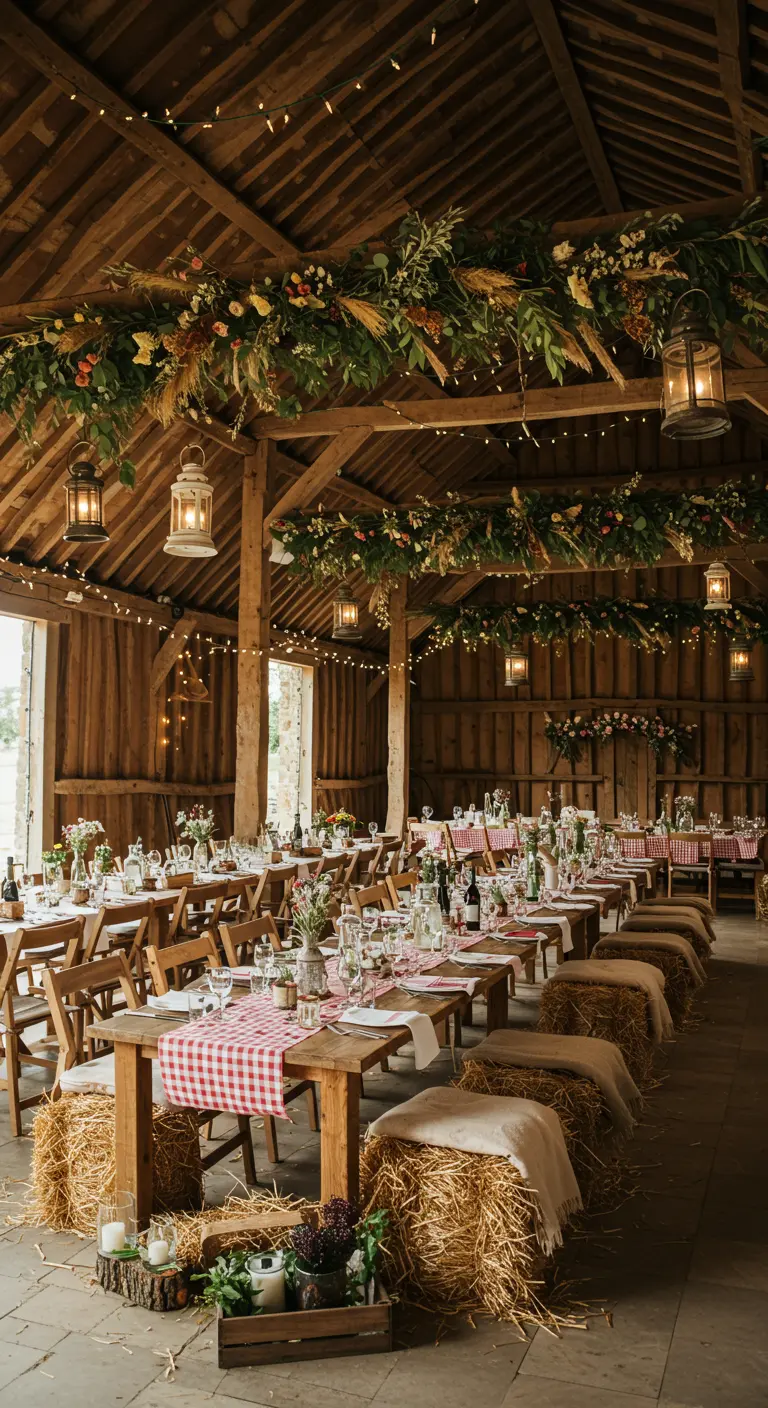 Dîner festif dans une grange en bois avec bottes de paille, tables rustiques et guirlandes fleuries.