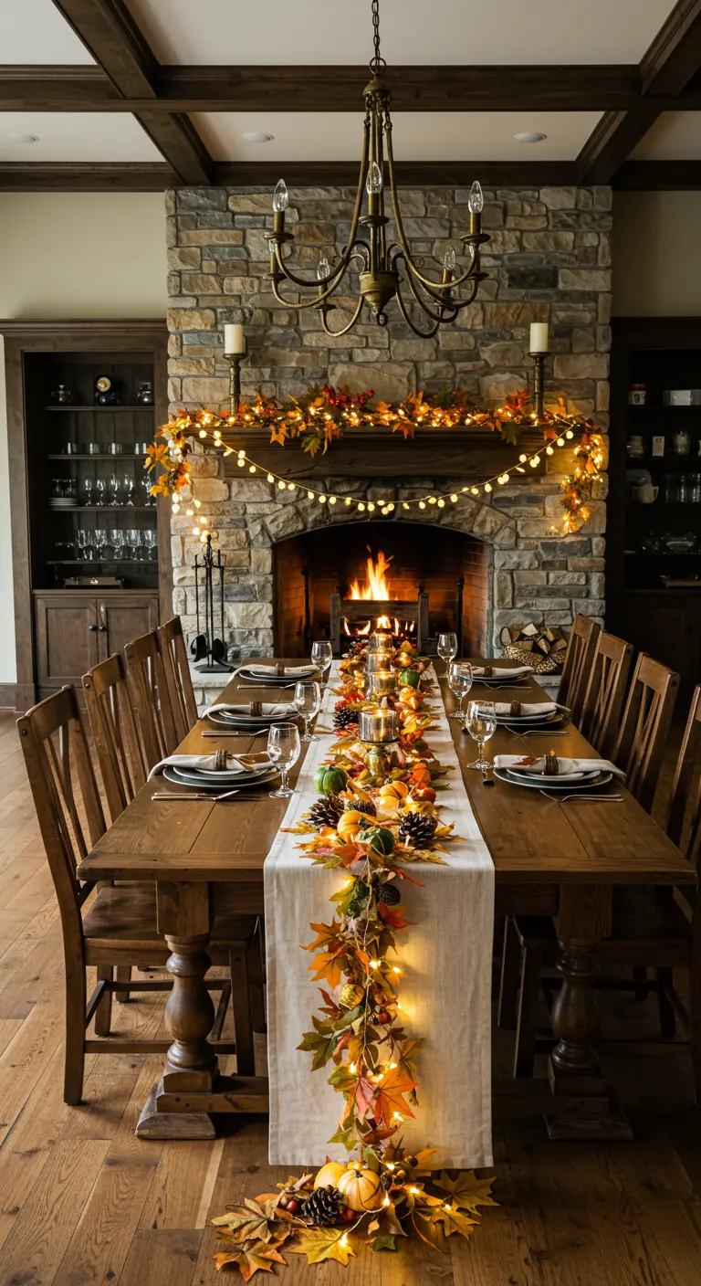 Table à manger festive avec cheminée décorée de guirlandes lumineuses automnales.