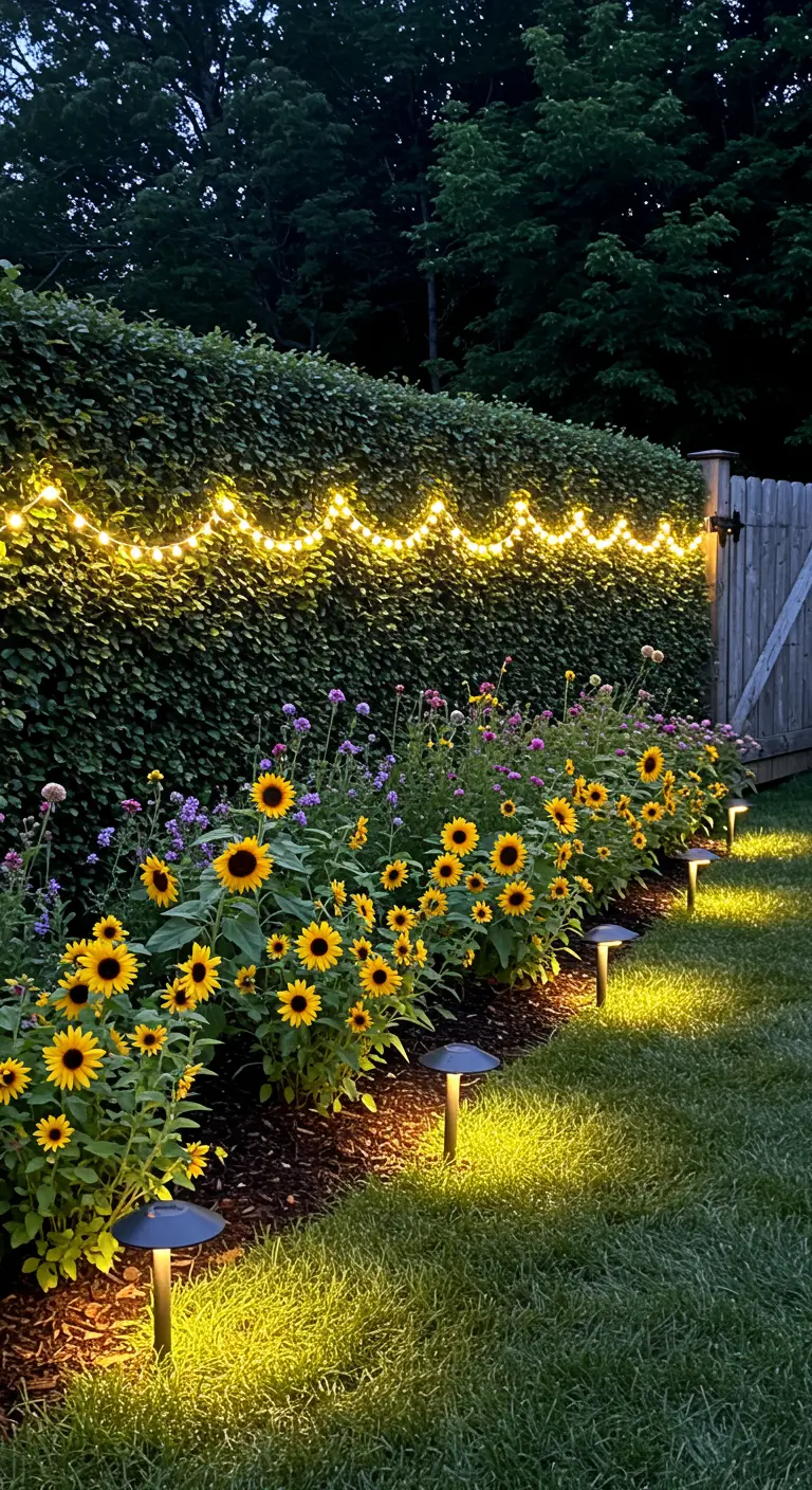 Massif de tournesols avec balises et guirlandes lumineuses sur une haie.