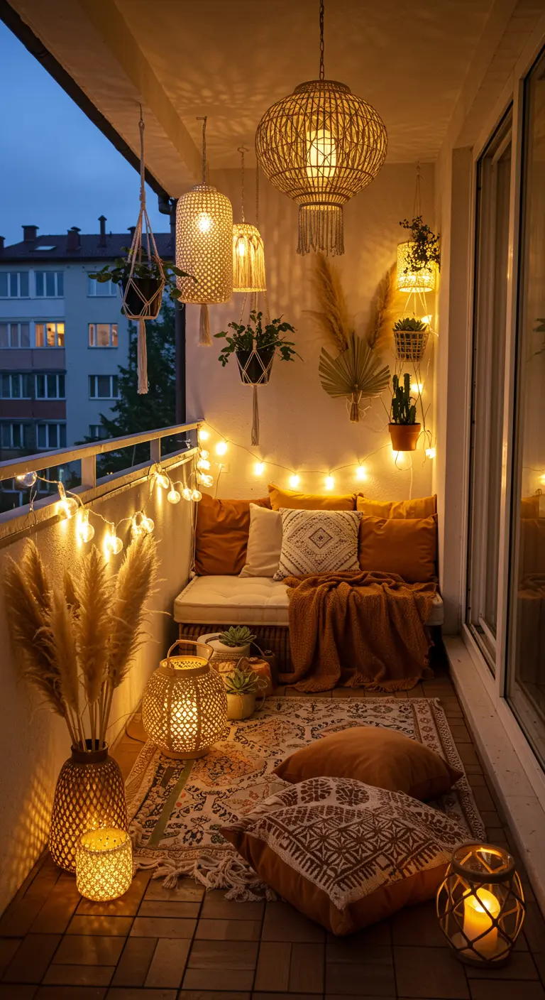 Balcon bohème avec lanternes en rotin suspendues, guirlande LED, coussins et tapis d'extérieur, pampas.