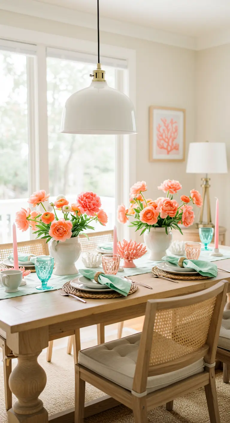 Table de salle à manger en bois clair décorée de pivoines corail, de serviettes menthe et de bougies roses.