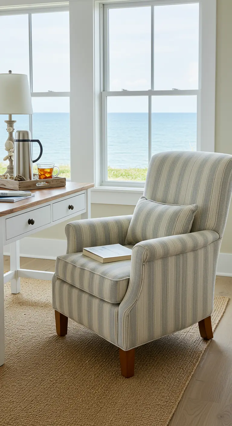 Bureau côtier avec fauteuil rayé, vue sur mer, tapis en jute et accessoires nautiques.