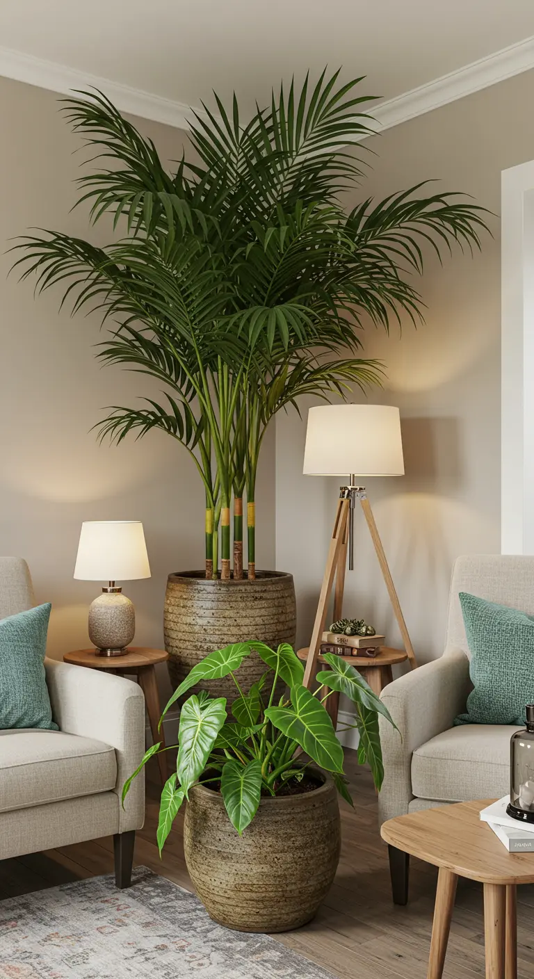 Palme Areca et Alocasia dans des pots texturés dans un salon cosy.