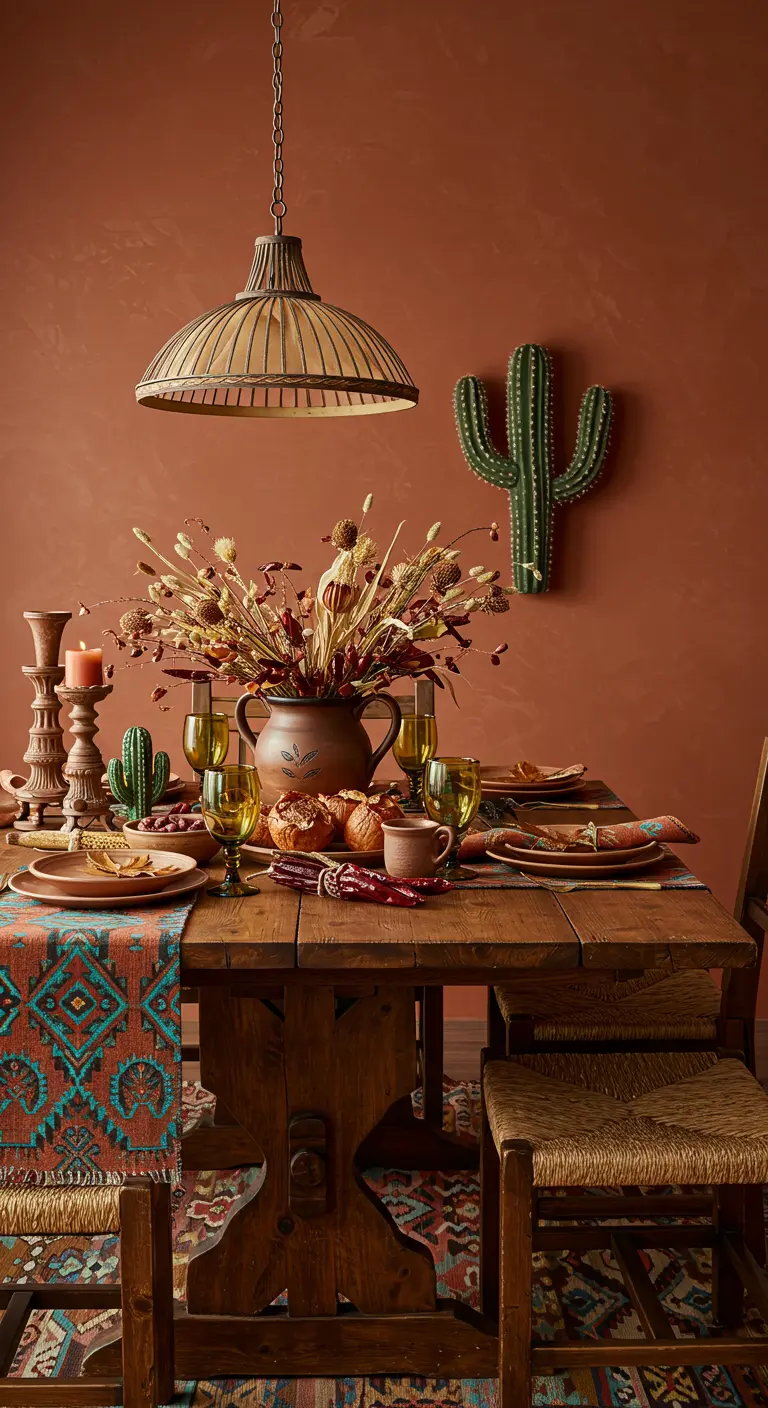 Table rustique dans un décor désertique avec chemin de table ethnique, poterie et cactus décoratifs.