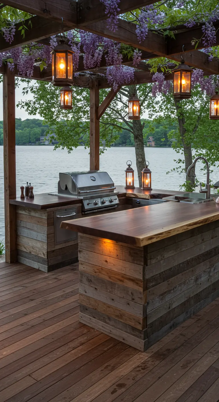 Cuisine extérieure en bois rustique au bord d'un lac, avec barbecue, pergola fleurie et lanternes suspendues.