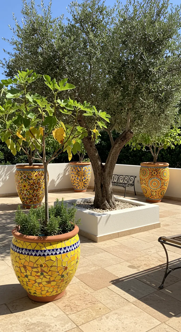 Grande terrasse avec un olivier central et des pots mosaïque jaunes et oranges, un figuier.