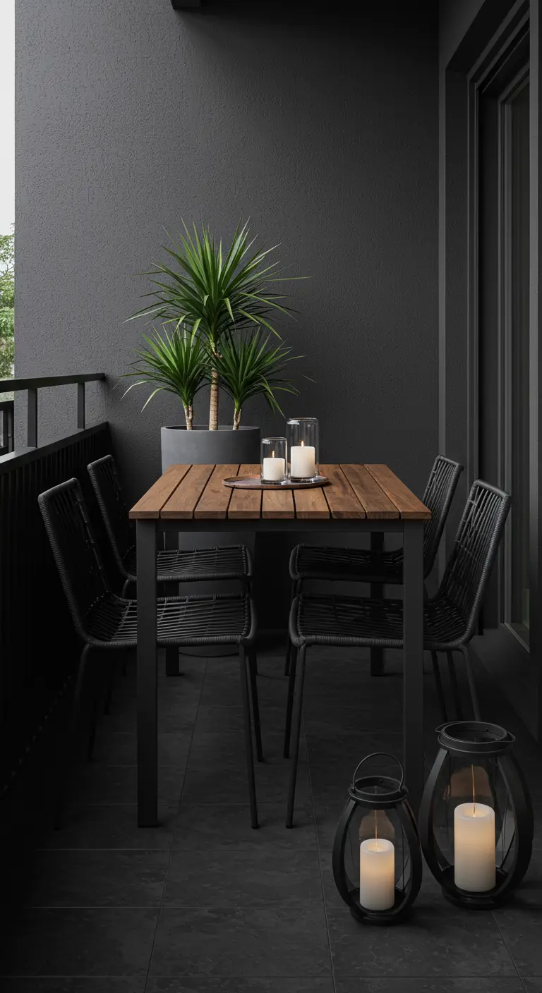 Table en bois foncé, chaises tressées noires, lanternes et plante sur un balcon aux murs sombres.