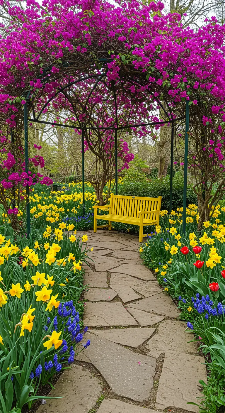 Arche fleurie de bougainvilliers fuchsia, allée pavée, banc jaune vif, jonquilles et muscaris.