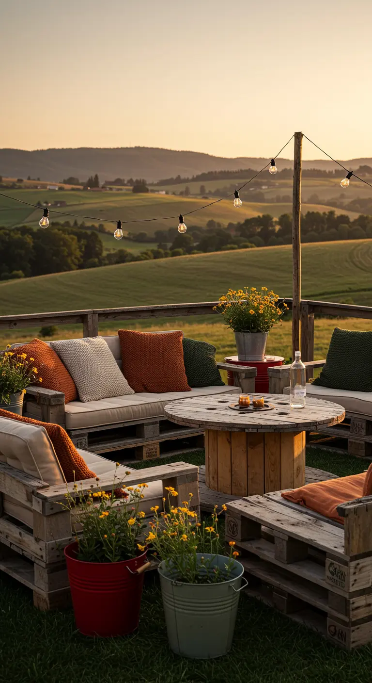 Salon de jardin palettes brutes, coussins orange/crème, table touret, pots fleuris, vue campagne.