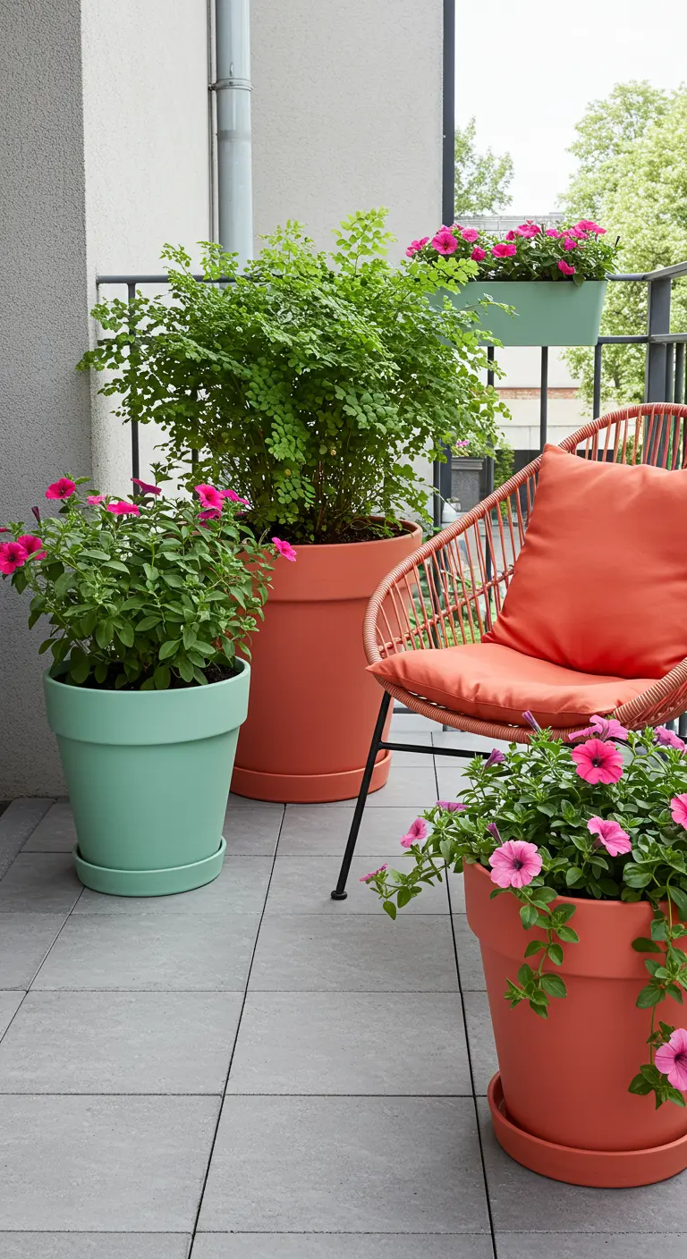 Balcon avec des pots vert menthe et corail, des fleurs roses et un fauteuil.