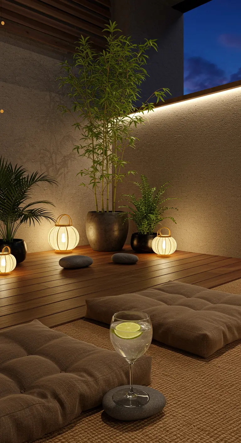 Balcon zen avec coussins de sol, grand bambou en pot et éclairage doux.