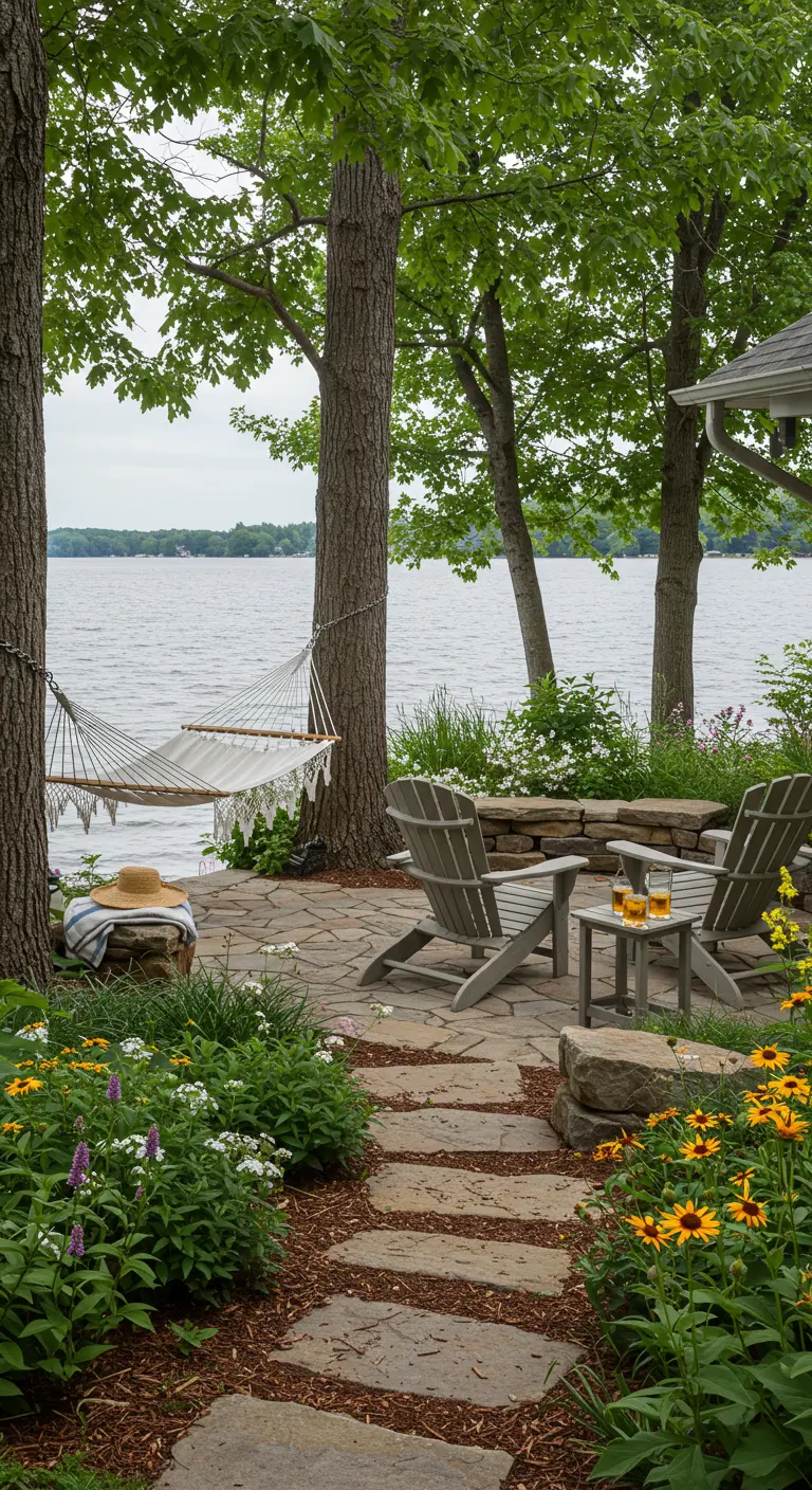 Hamac et chaises Adirondack au bord d'un lac, avec un chemin de pierres et des fleurs sauvages.