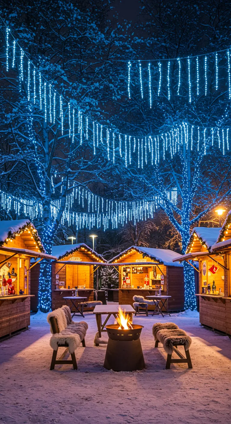 Marché de Noël enneigé avec des chalets en bois, un brasero central et des guirlandes lumineuses bleues en forme de stalactites.