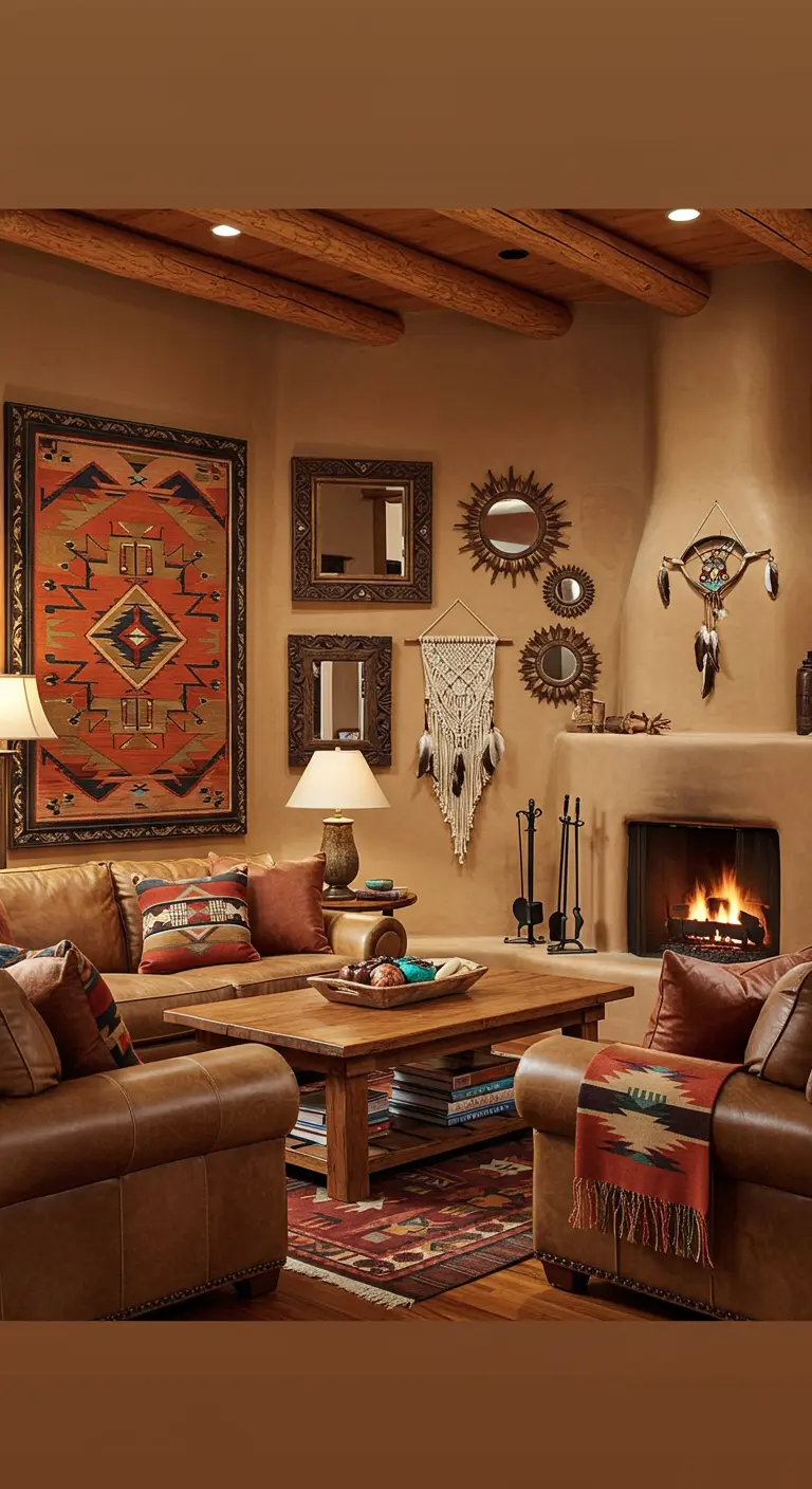 Salon style Sud-Ouest américain avec mur beige, grande tenture Navajo, miroirs en bois, macramé tribal et cheminée en argile.