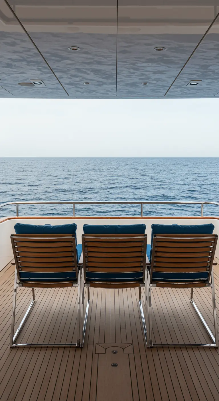 Trois chaises en teck et aluminium, coussins bleus, sur un pont de yacht avec vue sur la mer.