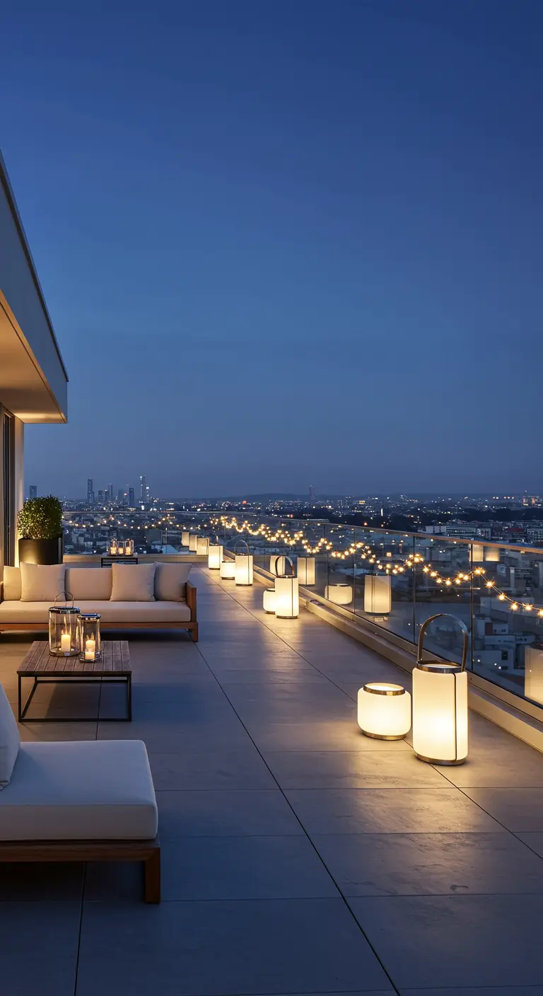 Longue terrasse sur le toit avec vue sur la ville, éclairée par des lanternes modernes.