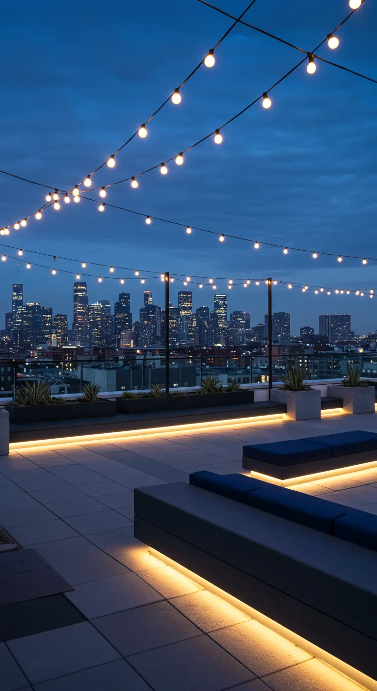 Terrasse de toit moderne avec vue sur la ville, guirlandes lumineuses et éclairage LED linéaire au sol.