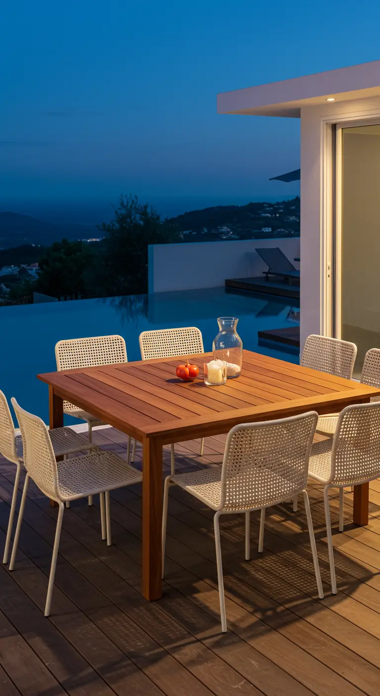 Table carrée en bois exotique, chaises tressées blanches sur une terrasse au bord d'une piscine à débordement.