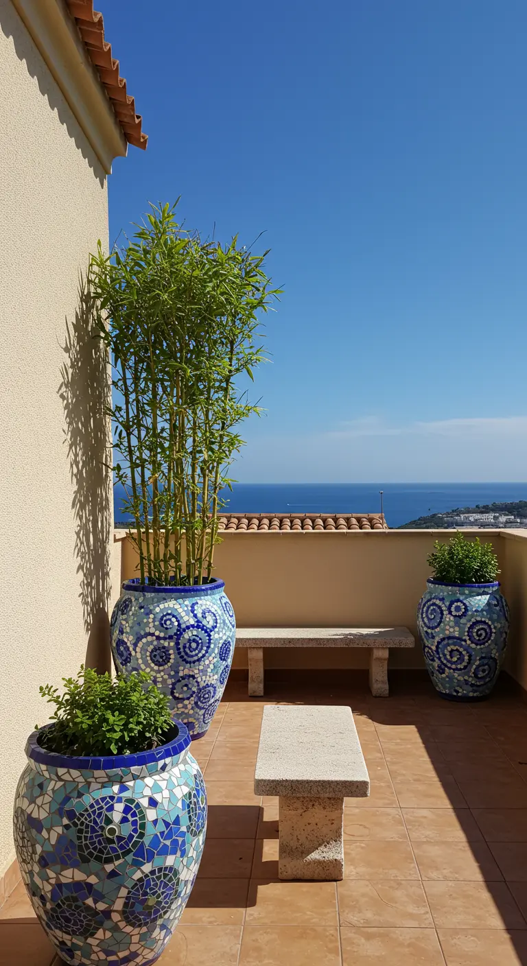 Terrasse côtière avec vue sur mer, grands pots mosaïque bleus et verts avec bambou, bancs en pierre.