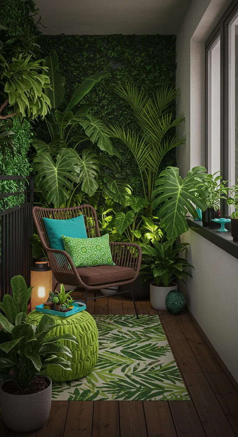 Balcon tropical luxuriant avec mur végétal, fauteuil en rotin, coussins verts et tapis à motifs palmes.