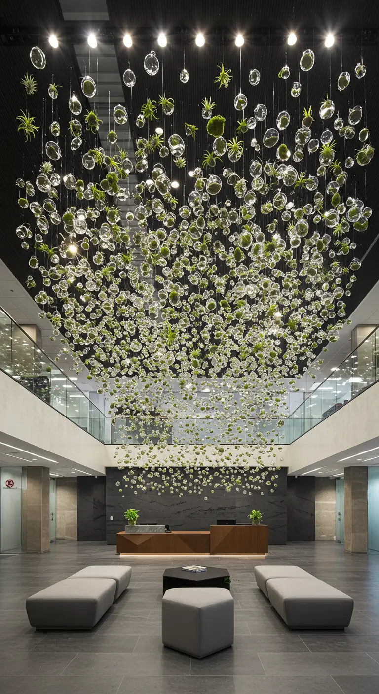 Immense installation artistique de centaines de globes de verre avec des Tillandsias suspendus au plafond d'un hall.
