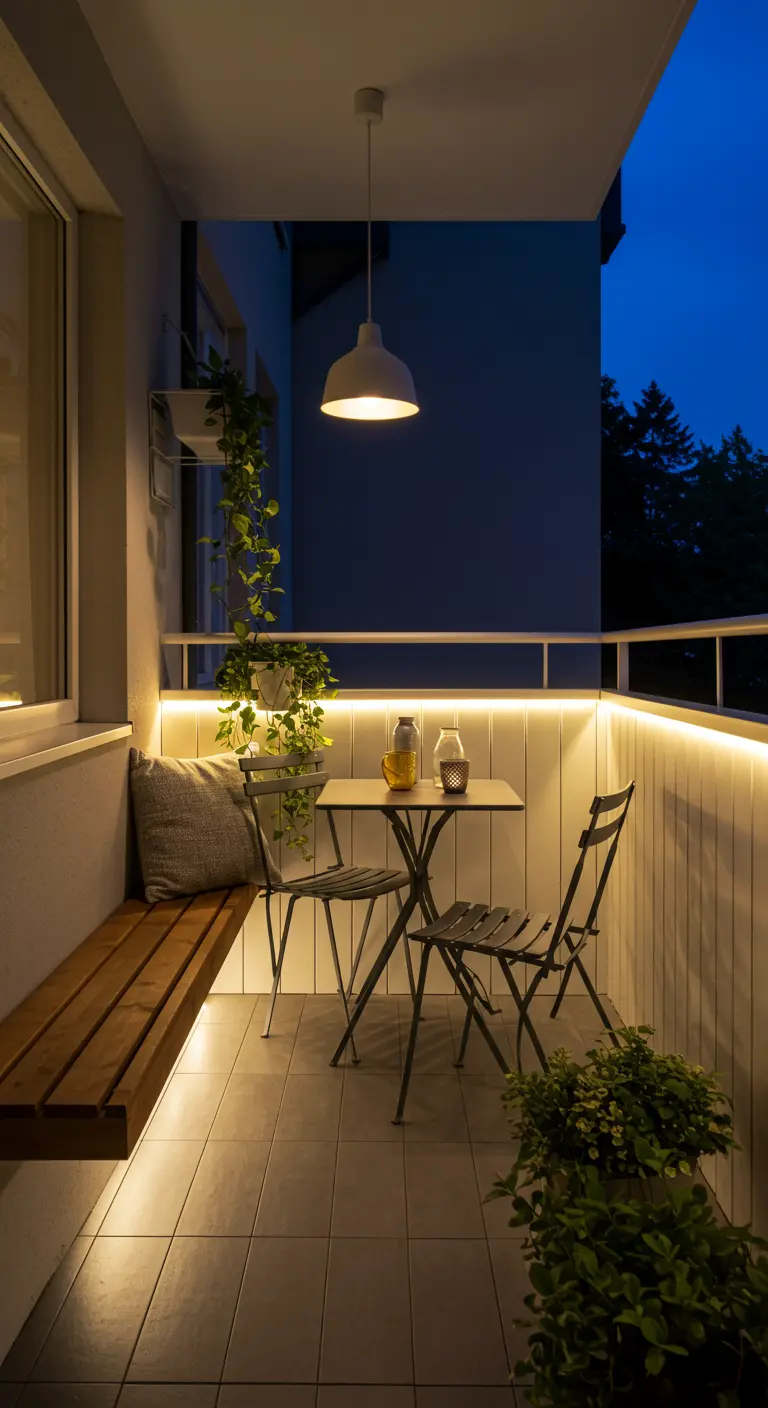 Petit balcon avec banc, table et chaises, éclairage LED sous la main courante et suspension.