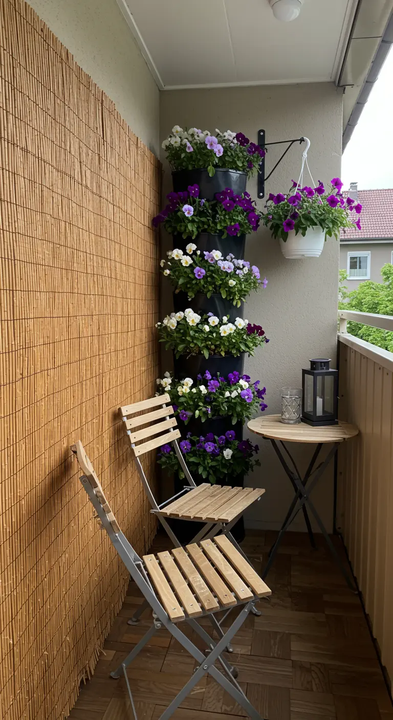 Balcon étroit avec treillis en bambou, jardin vertical de fleurs violettes et blanches, et table bistro.