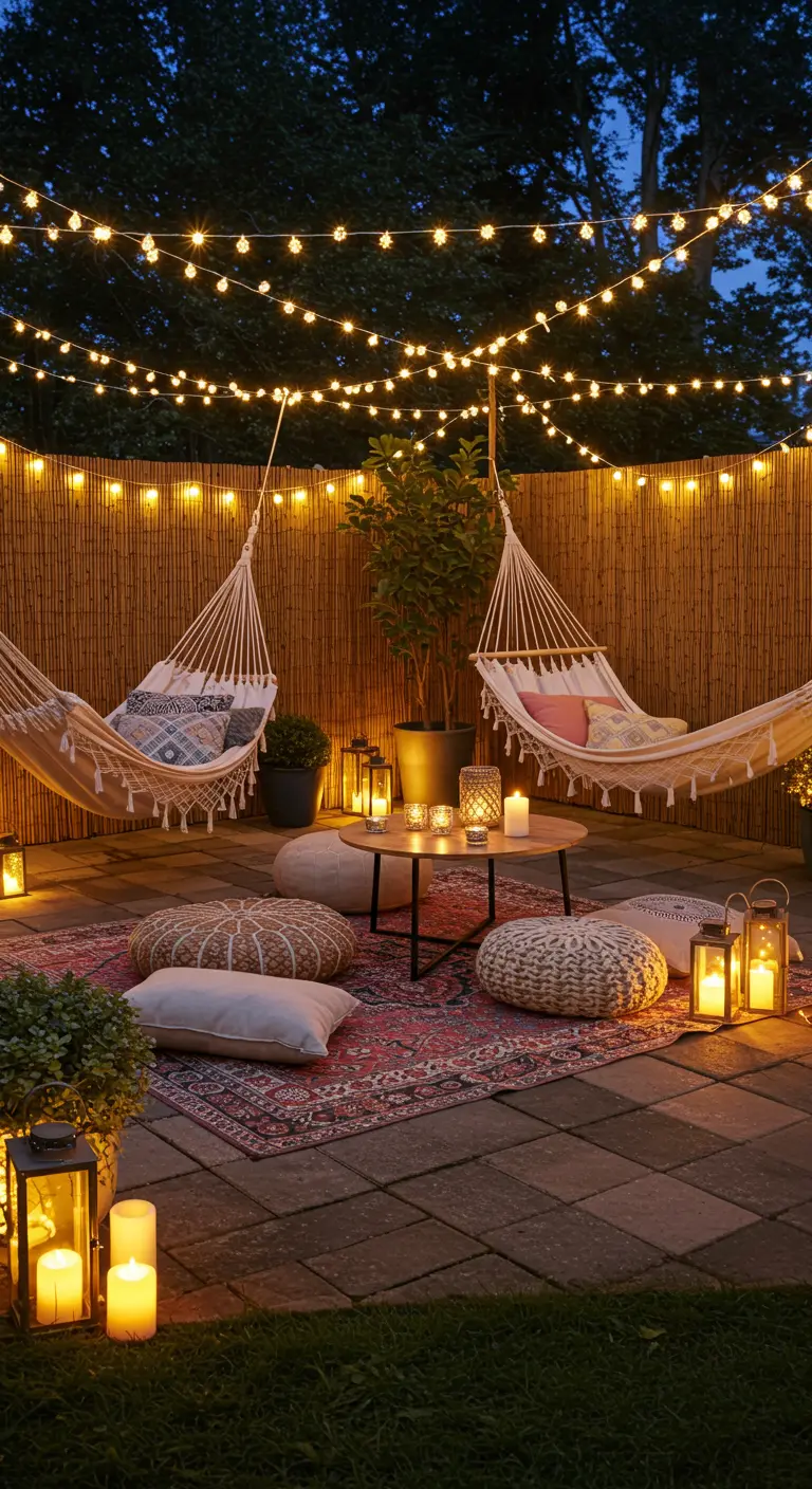 Patio bohème avec hamacs, coussins au sol, guirlandes lumineuses et lanternes.