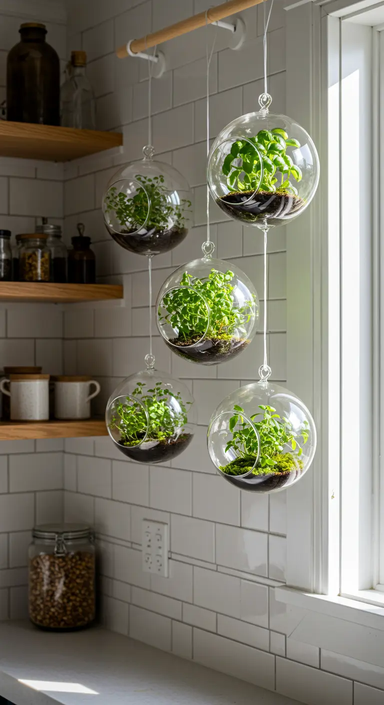Cinq terrariums sphériques avec herbes aromatiques et mousse, suspendus à une tringle en bois devant une fenêtre de cuisine.