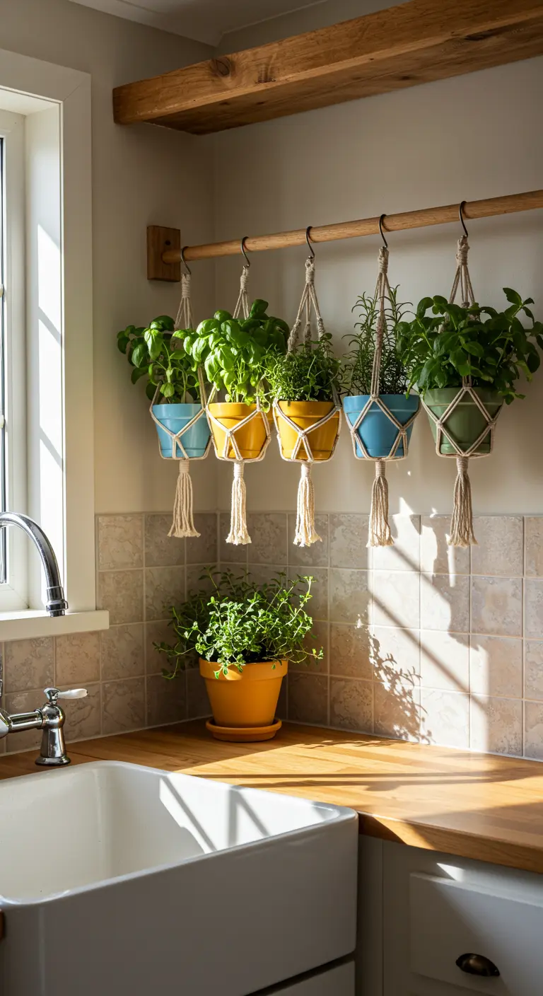 Herbes aromatiques suspendues en pots colorés au-dessus d'un évier de cuisine en bois.