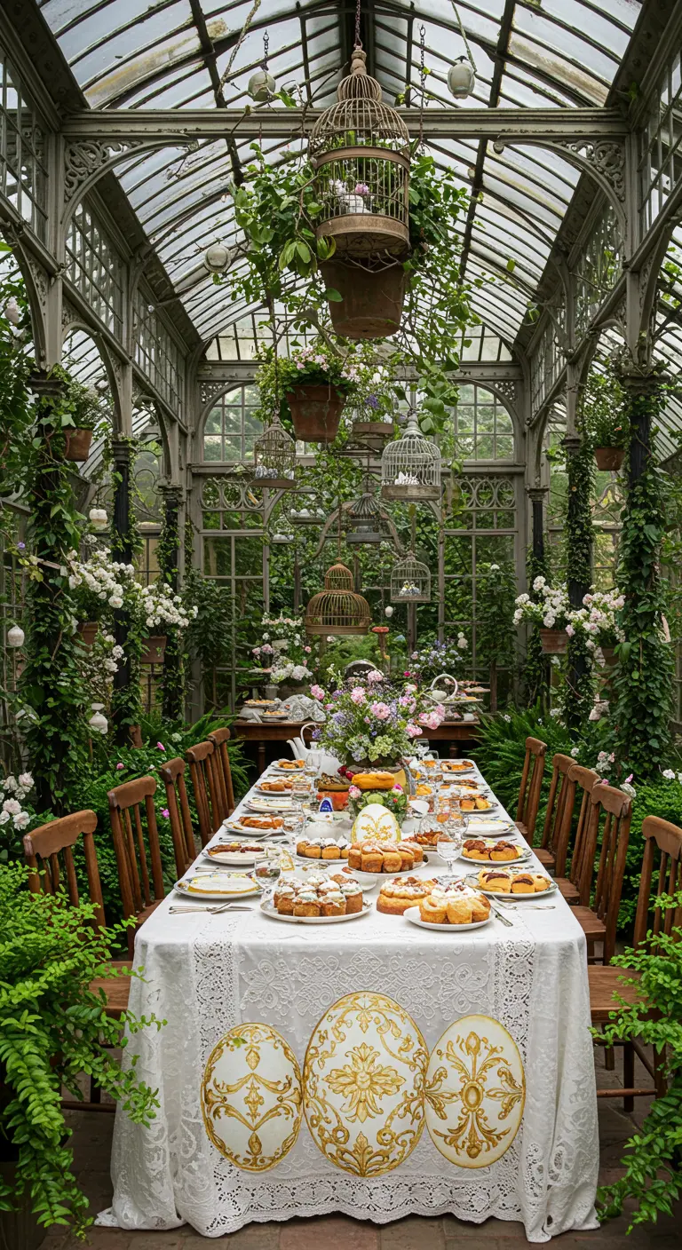 Table de festin dans une verrière luxuriante avec œufs décorés et pâtisseries.