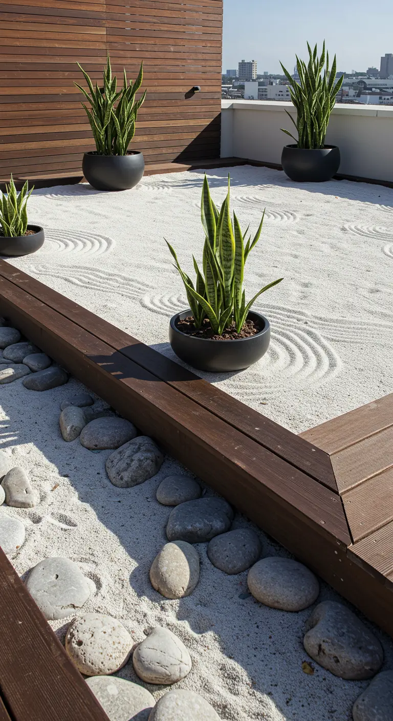 Terrasse sur le toit avec jardin de sable ratissé, pots noirs de Sansevieria et grands galets.