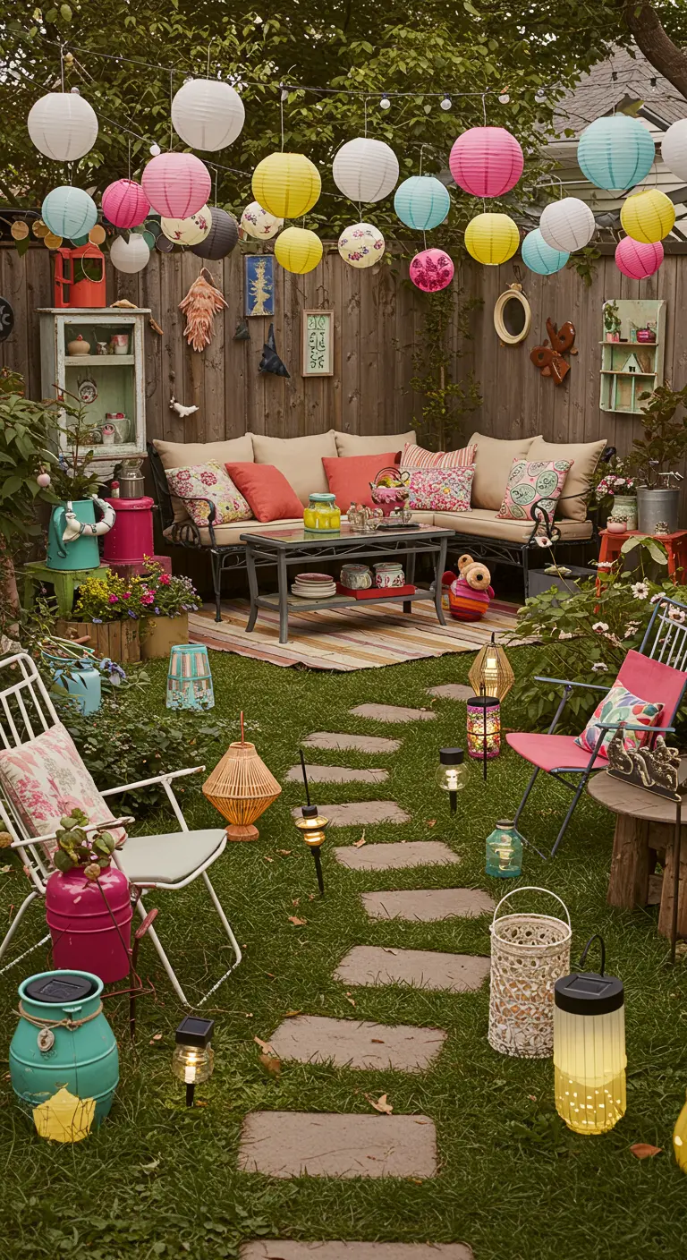 Jardin coloré avec des lampions de différentes tailles et couleurs, et mobilier.