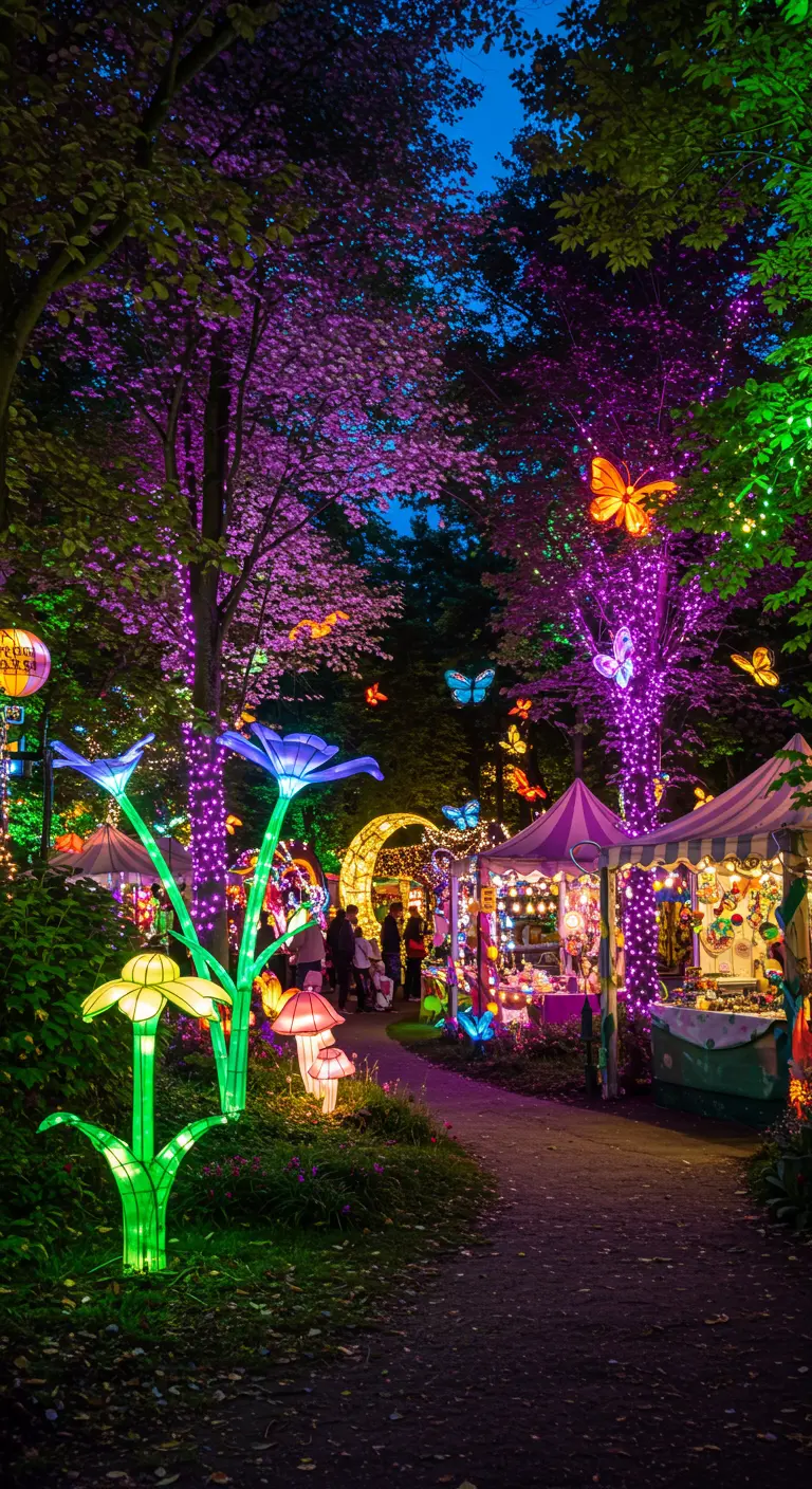 Jardin féerique la nuit avec des arbres éclairés en rose et violet, des papillons lumineux, des fleurs géantes et des chalets de marché.