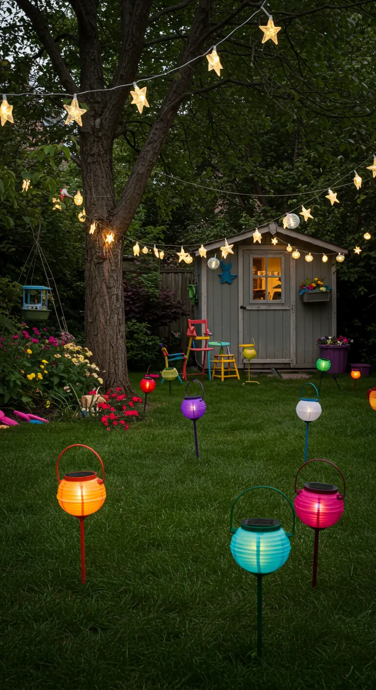 Jardin familial avec cabane, éclairé par des guirlandes lumineuses étoiles et des lanternes solaires colorées plantées dans l'herbe.