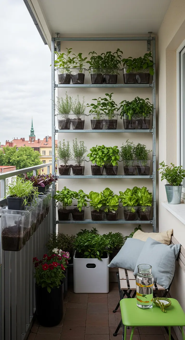 Potager vertical avec des plantes en pots transparents sur des étagères métalliques sur un balcon.