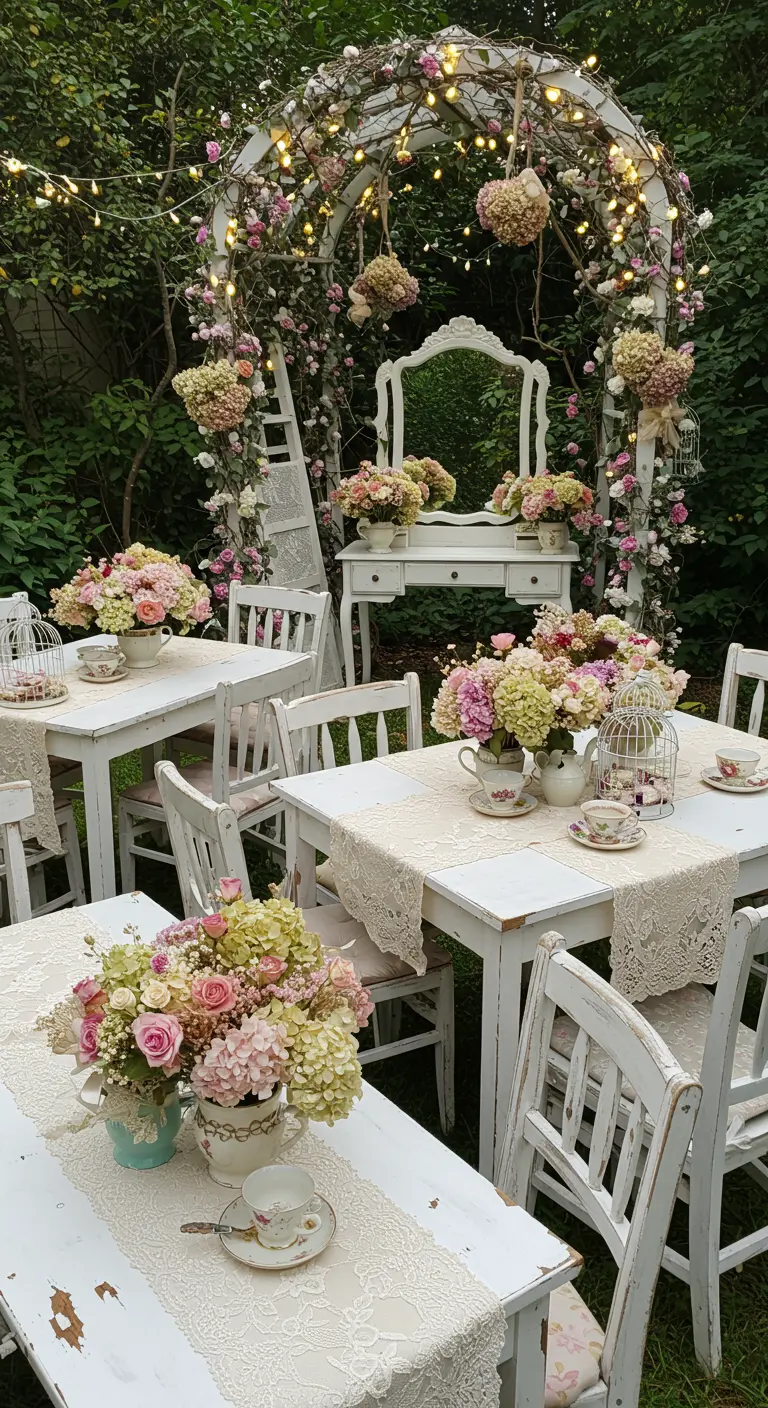 Jardin romantique avec arche florale blanche, tables blanches décapées, miroir vintage et bouquets de roses.