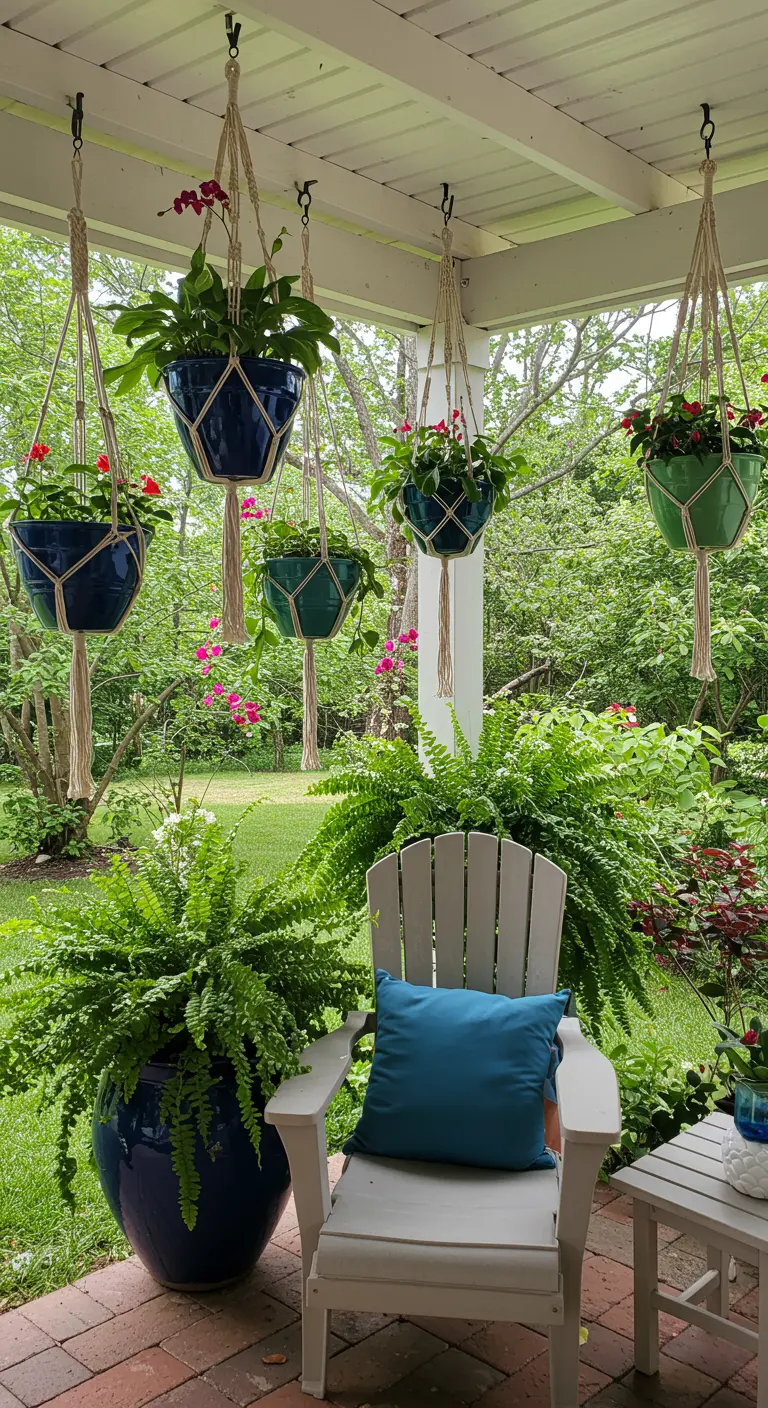 Pots colorés suspendus en macramé avec des géraniums, entourés de grandes fougères sur un porche.