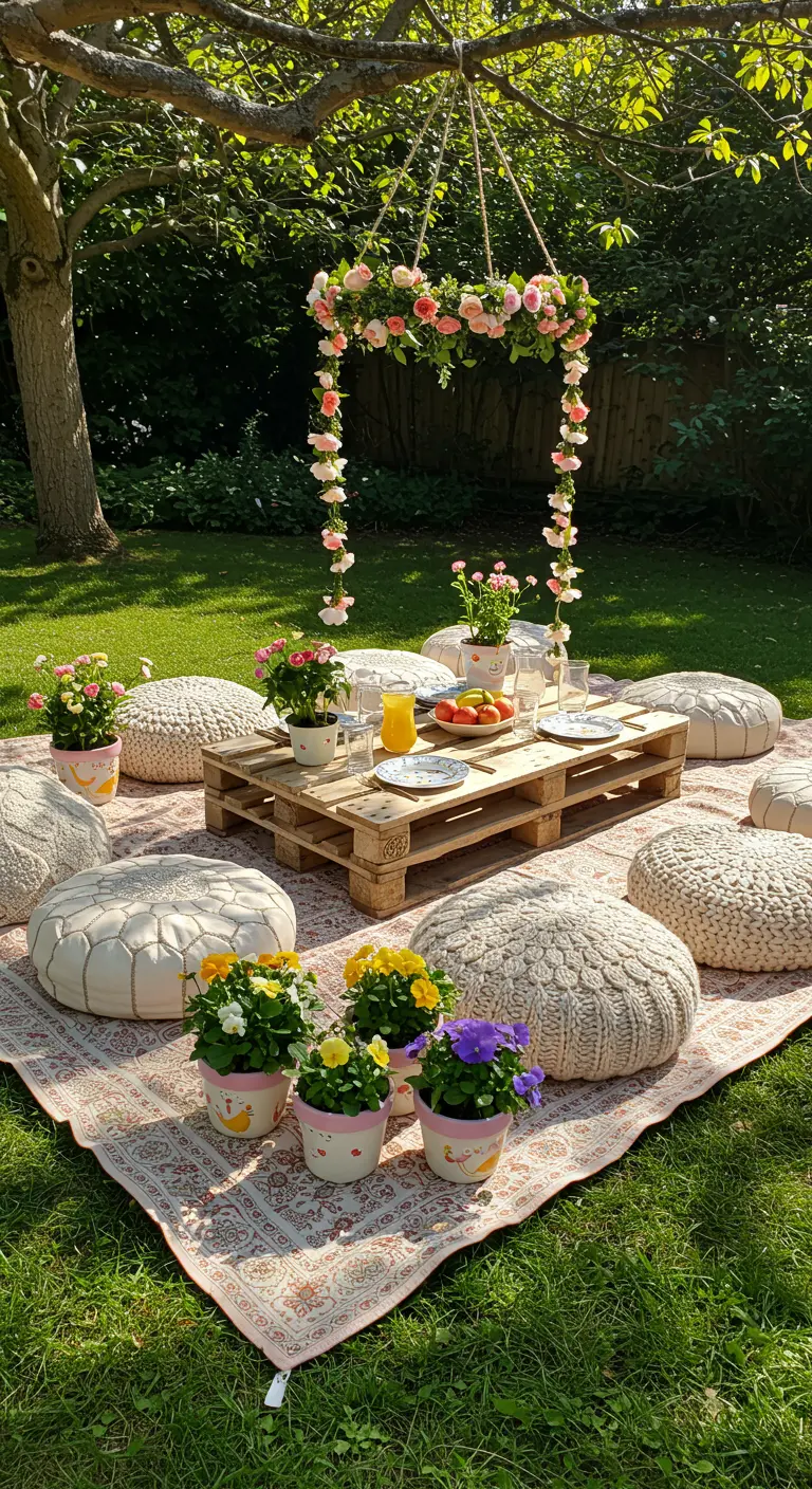 Jardin zen avec banc en bois, graviers, rochers et suspensions de plantes aériennes.