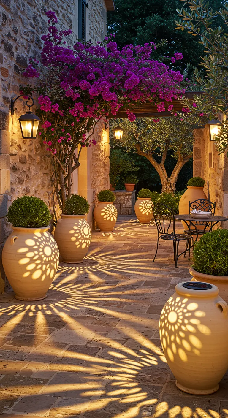 Terrasse en pierre éclairée par de grands pots ajourés projetant des ombres, bougainvilliers en fleurs.