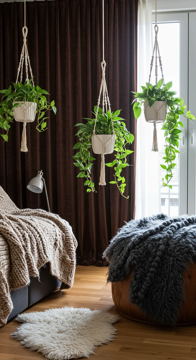 Chambre cosy avec un plaid moelleux, un pouf, et trois pots suspendus en macramé blanc devant un rideau marron.
