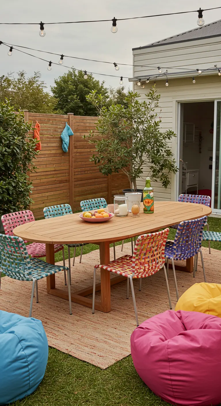 Table ovale en bois, chaises tressées multicolores, poufs, tapis extérieur et guirlandes lumineuses dans un jardin.