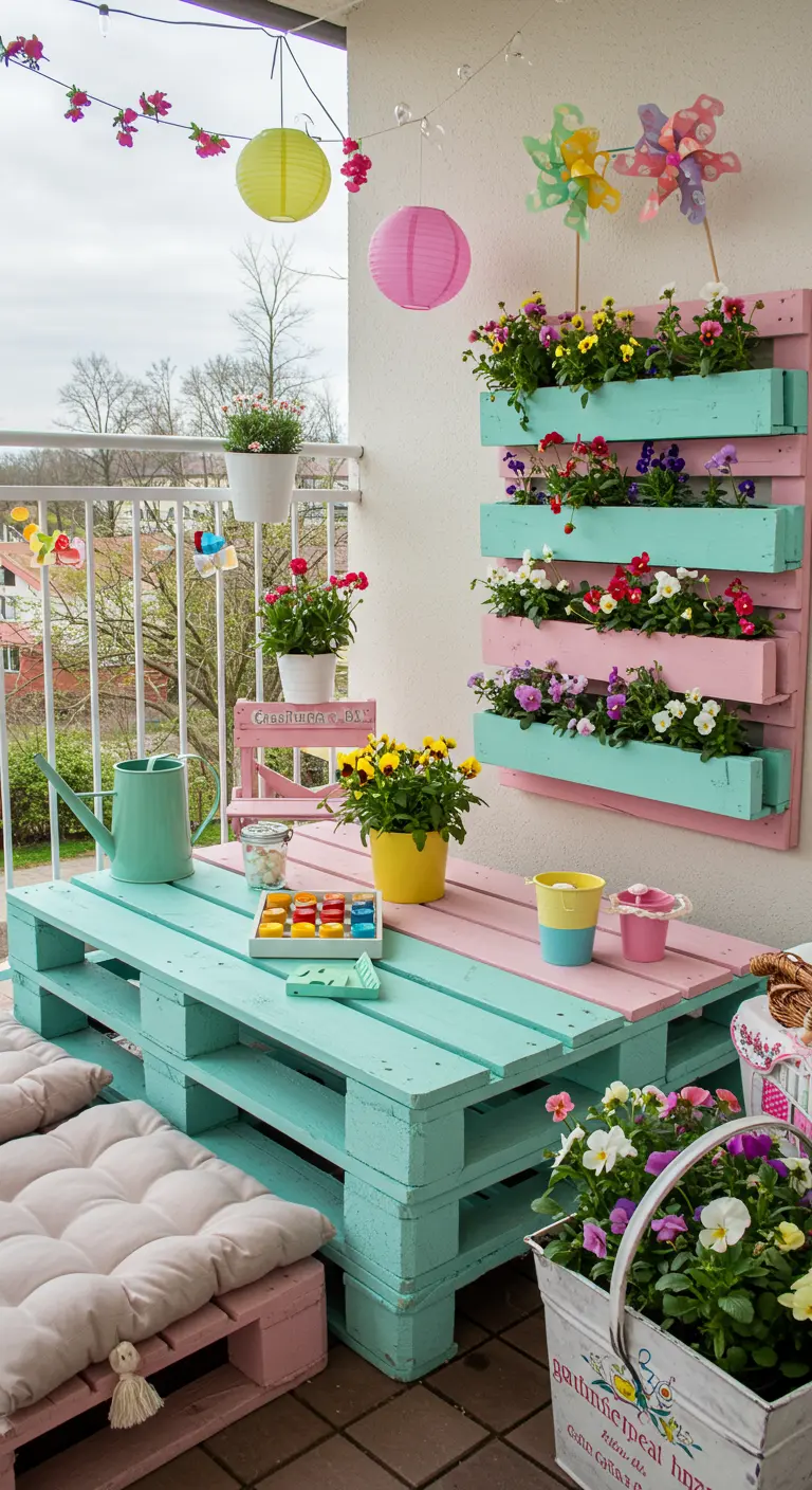 Balcon gai avec table et mur végétal en palettes pastel, lampions colorés, fleurs variées et accessoires de jardinage.