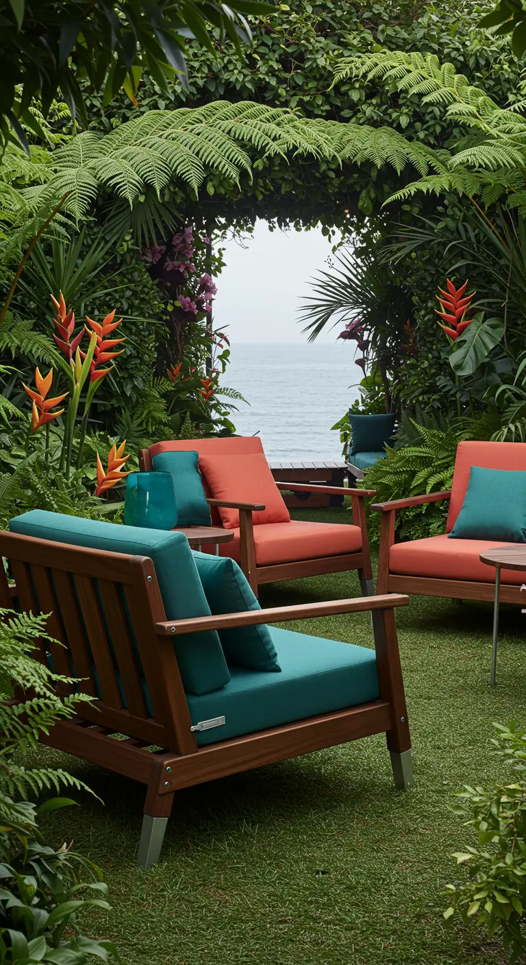 Salon de jardin tropical avec fauteuils orange et verts, plantes exotiques, vue sur la mer.