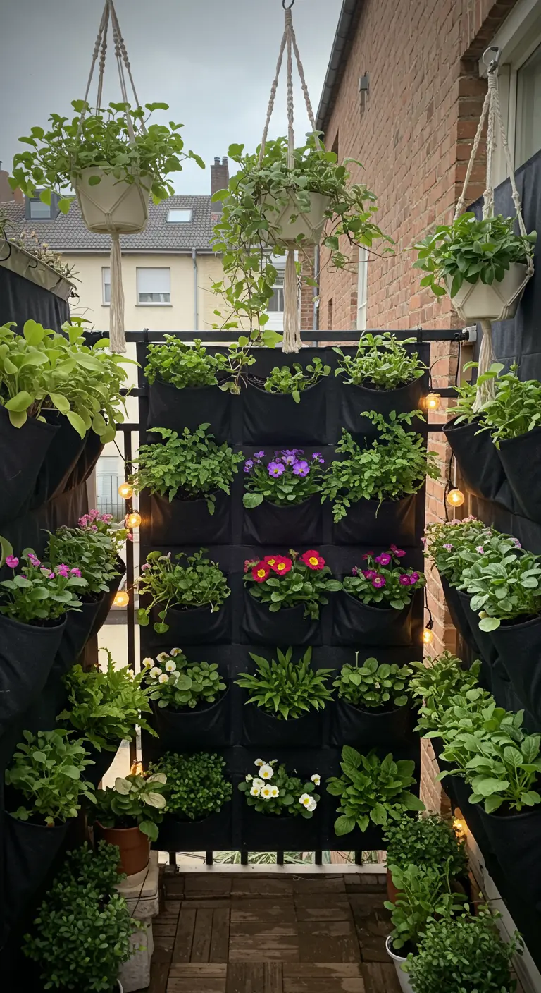Balcon avec un mur de poches végétales noires remplies de plantes et de fleurs, suspensions en macramé.