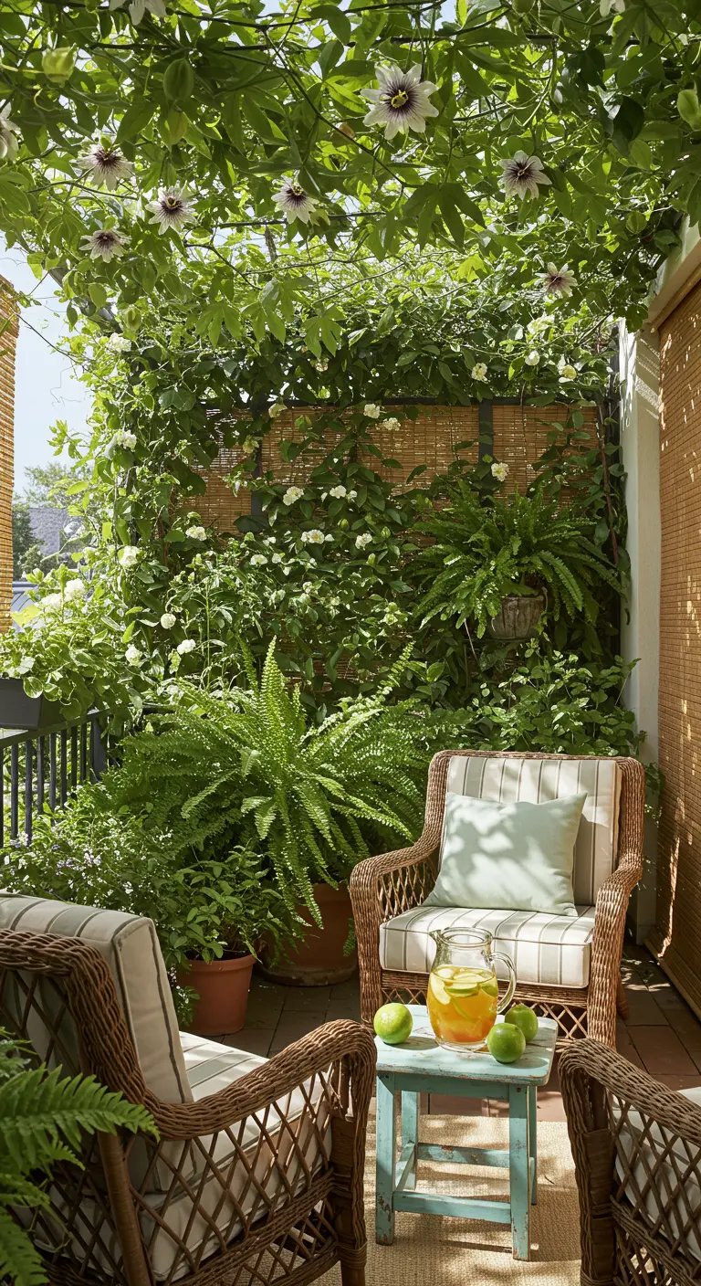 Terrasse végétalisée avec passiflore, mur en bambou et fauteuils en rotin.