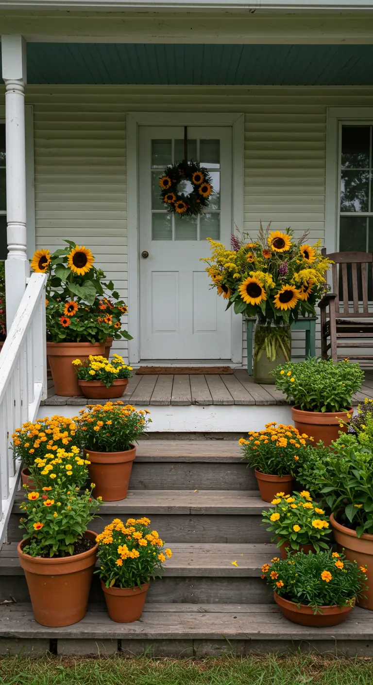 Entrée de maison avec des marches décorées de pots de tournesols et de fleurs orange/jaune.
